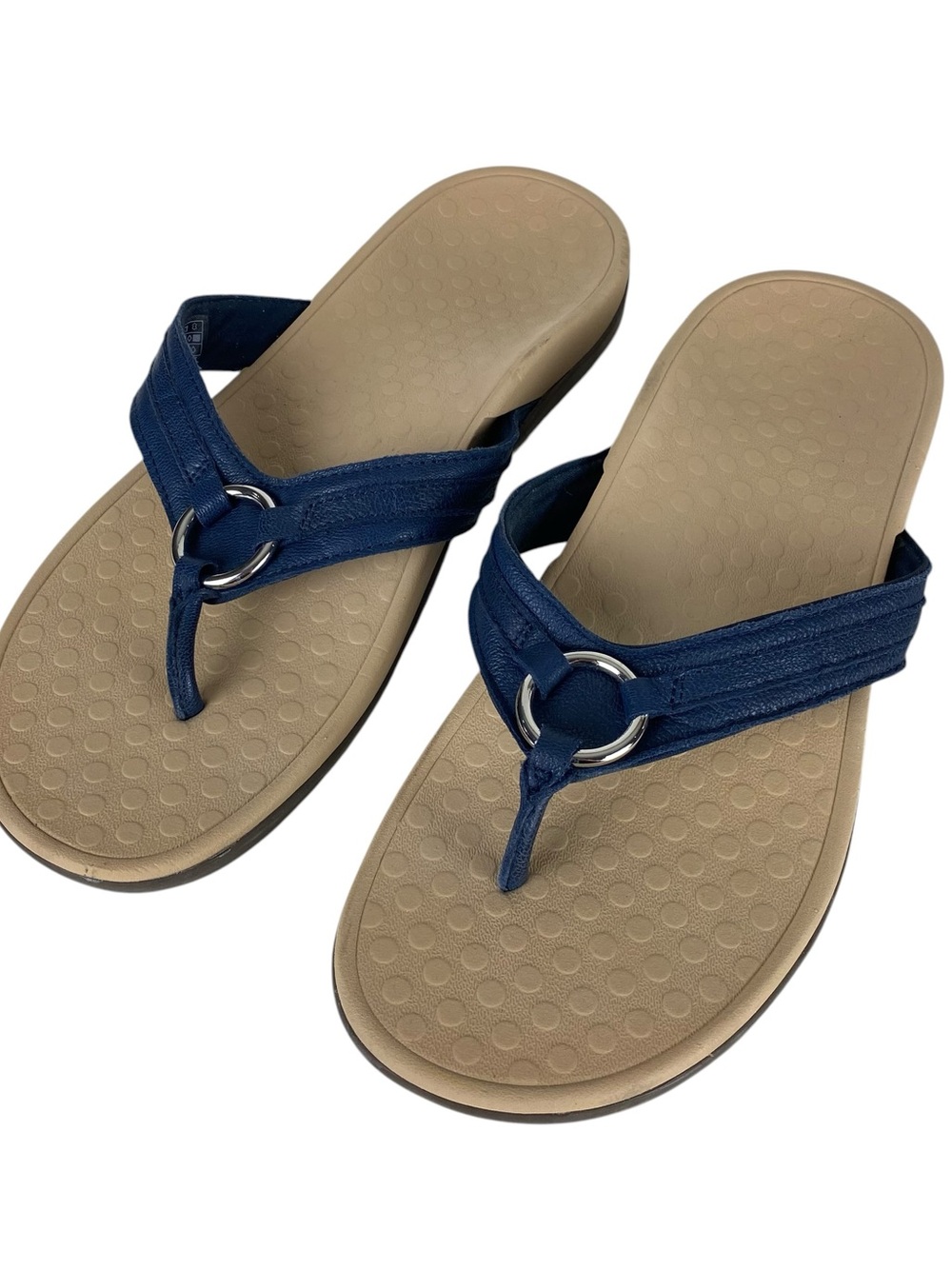Vionic Aloe Navy Blue Leather Sandals Toe Post Orthotic Arch Thongs Flip Flops - Picture 2 of 11
